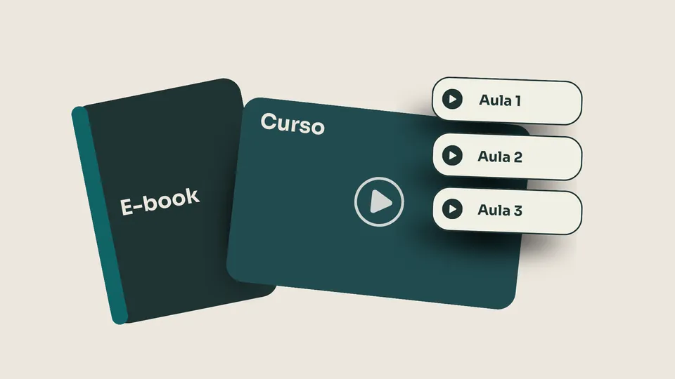 Ilustração de um e-book e de um curso com a lista de aulas